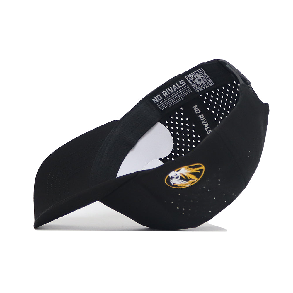 The No Rivals Mizzou Golf Hat - Swinging - Black is a structured, perforated snapback featuring the Missouri Tigers logo on the side, NO RIVALS inner tags, and a QR code under the brim for comfort and style.