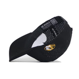 The No Rivals Mizzou Golf Hat - Swinging - Black is a structured, perforated snapback featuring the Missouri Tigers logo on the side, NO RIVALS inner tags, and a QR code under the brim for comfort and style.