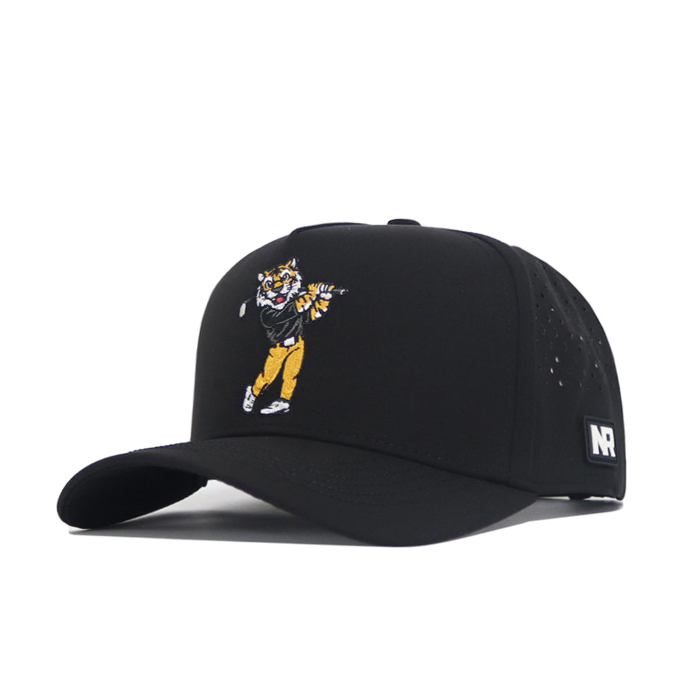 The No Rivals Mizzou Golf Hat - Swinging - Black is a structured snapback featuring an embroidered cartoon tiger swinging a golf club on the front, a small white NR logo on the side, and is made from a comfy polyester cotton blend.