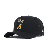 The No Rivals Mizzou Golf Hat - Swinging - Black is a structured snapback featuring an embroidered cartoon tiger swinging a golf club on the front, a small white NR logo on the side, and is made from a comfy polyester cotton blend.