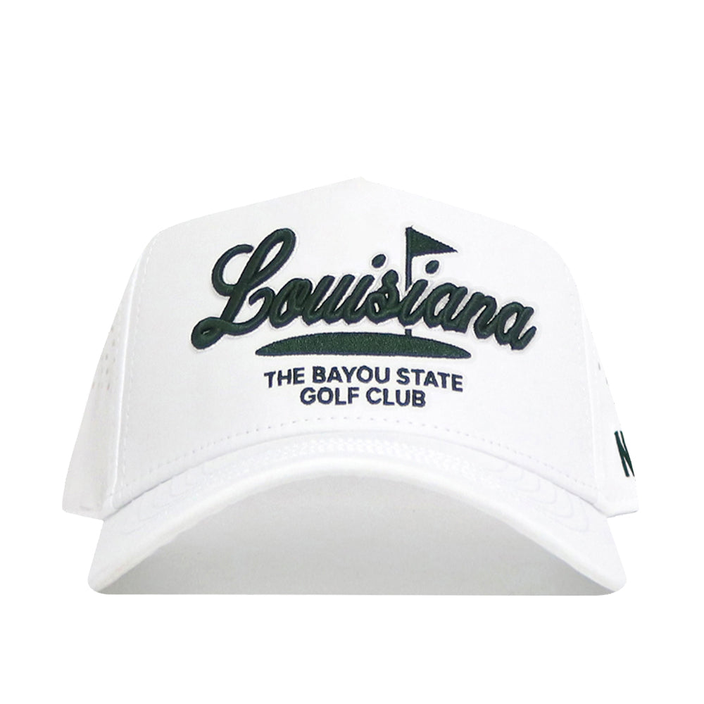 The No Rivals Louisiana Clubhouse Hat is a white snapback with a structured fit, featuring black "Louisiana" embroidery, a golf flag, and "The Bayou State Golf Club." Made of a poly-cotton blend, shown from the front on a white background.