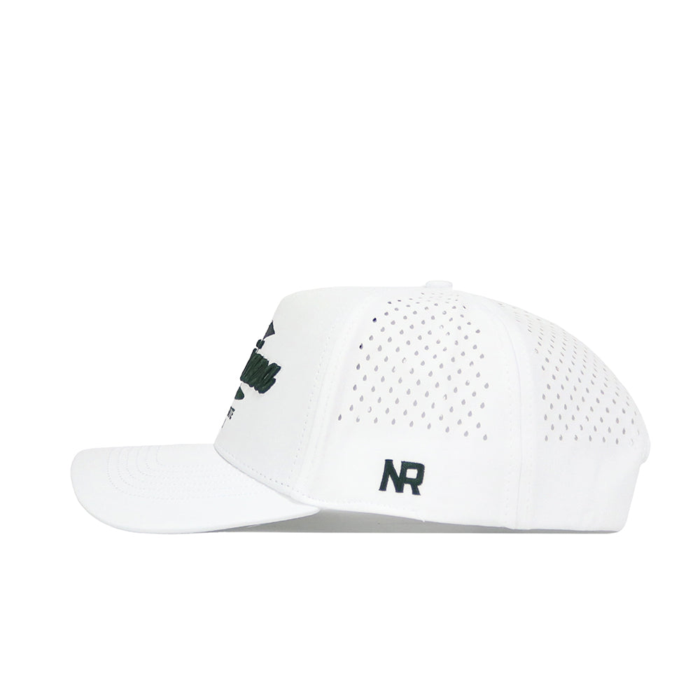 The Louisiana Clubhouse Hat by No Rivals is a white, structured snapback with ventilation holes, a flat brim, and black NR lettering on the left above the brim.