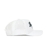 The Louisiana Clubhouse Hat by No Rivals is a white snapback featuring small side ventilation holes and black script on the front, crafted from a polyester-cotton blend. Shown in side profile against a white background.