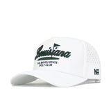 The Louisiana Clubhouse Hat by No Rivals is a white snapback with "Louisiana" embroidered in dark letters, "The Bayou State Golf Club" below, NR initials on the side, a structured fit, polyester-cotton blend, and breathable perforations.