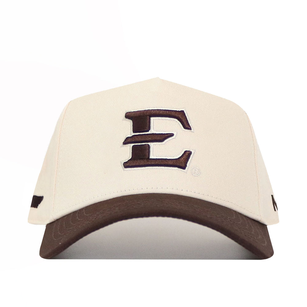 The No Rivals ETSU Espresso Hat is a cream cotton baseball cap with a large dark brown "E" on the front, matching brown curved brim, structured fit, and snapback closure for comfort and style.