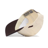 The ETSU Espresso Hat by No Rivals is pictured upside down, showing a label with the brand, a QR code under the brim, and its structured fit made of high quality cotton in beige and brown.