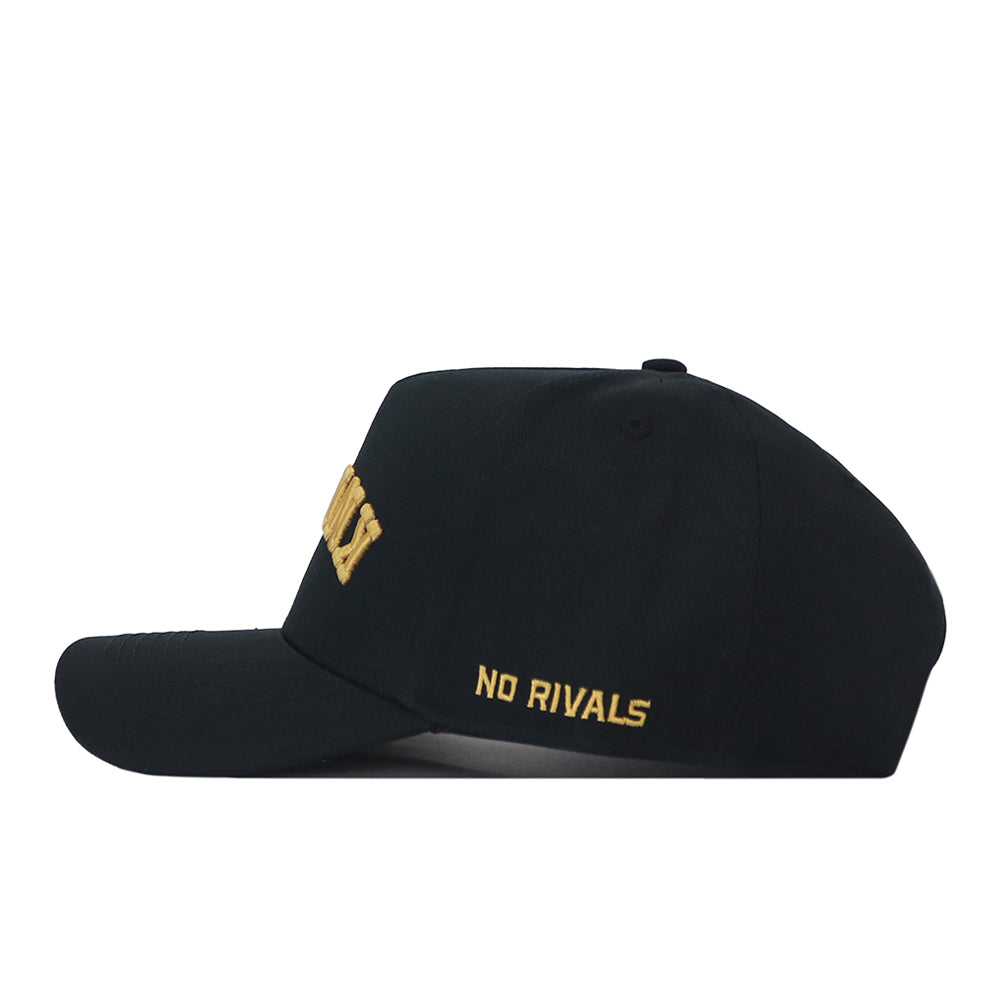 This officially licensed UCF Knights | Upside Down Knights Hat - Blackout by No Rivals is a black snapback cap with gold embroidery and the words “NO RIVALS” in gold letters on the side.