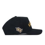 A black No Rivals UCF Knights Upside Down Knights Hat, featuring “SCO” embroidered in gold on the front and “UCF” in gold and white on the side, shown from the left. This is an officially licensed blackout snapback cap.