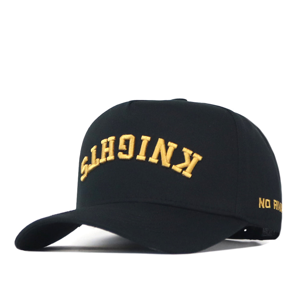 Show your team spirit with the officially licensed UCF Knights | Upside Down Knights Hat - Blackout by No Rivals. This black snapback baseball cap features “KNIGHTS” embroidered upside down in gold on the front and “NO RIVALS” in gold on the side.