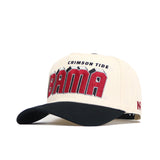 The Alabama Alma Mater Hat by No Rivals is a cream and black cotton snapback with "CRIMSON TIDE BAMA" embroidered in red and black, a structured fit, curved black bill, and red N logo—perfect for any fan.