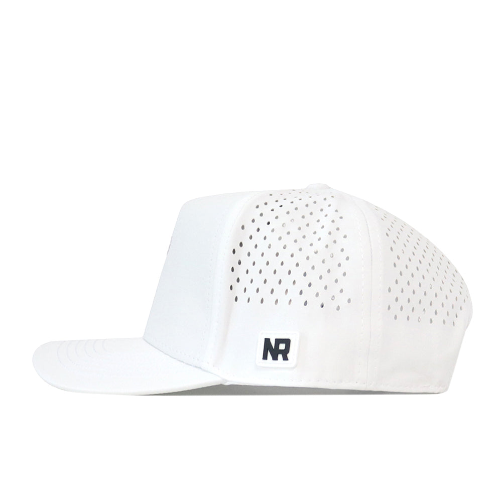 The No Rivals EWU Golf Hat in white features side ventilation holes and a small black embroidered NR logo near the back. Made from performance fabric, this snapback hat is displayed in a side profile view against a white background.