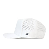 The No Rivals EWU Golf Hat in white features side ventilation holes and a small black embroidered NR logo near the back. Made from performance fabric, this snapback hat is displayed in a side profile view against a white background.