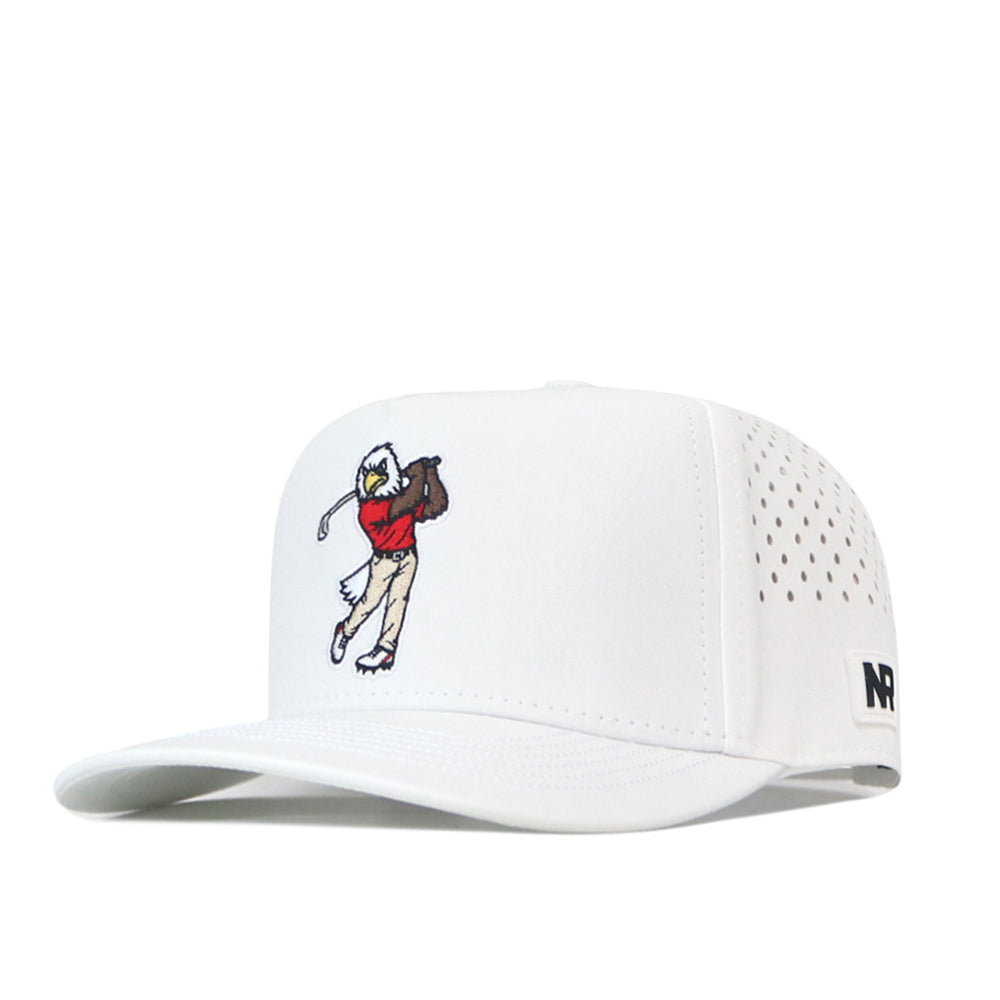 The EWU Golf Hat - White by No Rivals is a white baseball cap made from performance fabric, featuring ventilation design and an embroidered golfer swinging a club on the front. It includes a flat brim, an adjustable snapback closure, and a small black NP logo on the side.