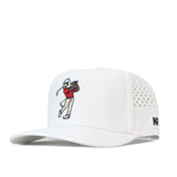 The EWU Golf Hat - White by No Rivals is a white baseball cap made from performance fabric, featuring ventilation design and an embroidered golfer swinging a club on the front. It includes a flat brim, an adjustable snapback closure, and a small black NP logo on the side.