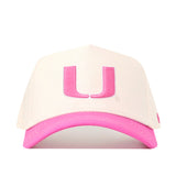 Introducing the No Rivals Miami Pink Out Hat: a white snapback baseball cap featuring a bold pink “U” on the front and a vibrant pink brim, showcased facing forward against a white background.