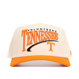 The No Rivals Tennessee Stride Hat is a high-quality cotton snapback in white and orange, featuring bold "TENNESSEE" embroidery, "VOLUNTEERS" above, a white T with an orange outline below, and an orange brim for standout style.