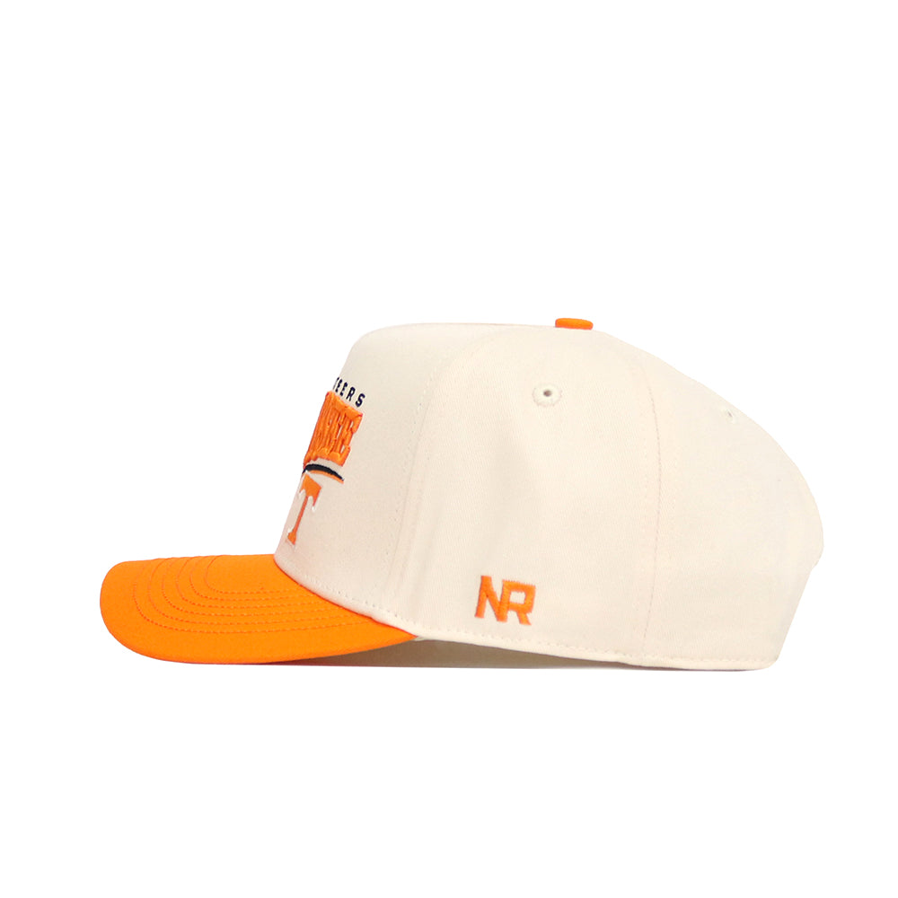 The No Rivals Tennessee Stride Hat is a white cotton snapback with an orange brim and embroidered NR initials on the side. Shown from a side view on a white background.
