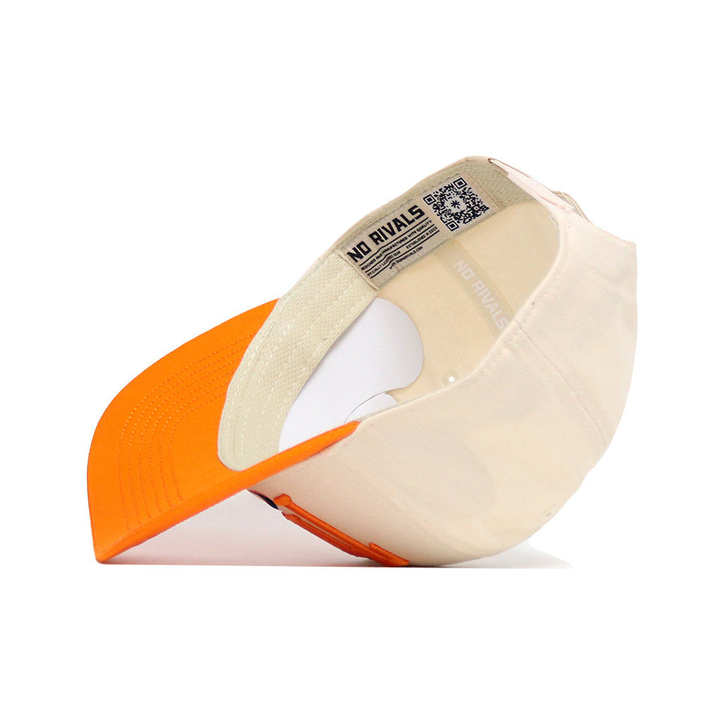 The Tennessee Stride Hat by No Rivals is shown upside down, displaying its beige and orange design, NO RIVALS label inside, a QR code near the rim, and an embroidered logo on premium cotton.