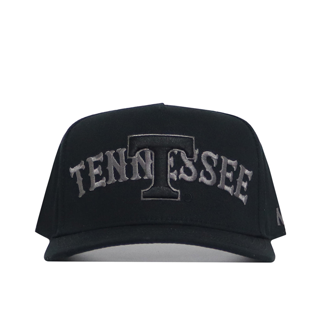 The No Rivals Tennessee Night Mode Hat is a black snapback with a structured fit, featuring "TENNESSEE" embroidered in gray and a large stylized T at the center.
