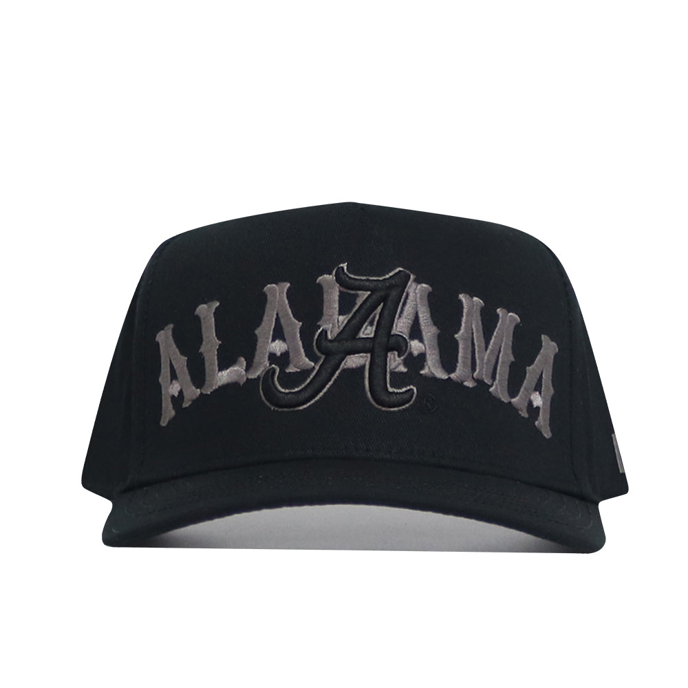 The No Rivals Alabama Night Mode Hat is a black, structured cotton cap with "ALABAMA" in gray, stylized text and a large A on the front panel.