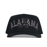The No Rivals Alabama Night Mode Hat is a black, structured cotton cap with "ALABAMA" in gray, stylized text and a large A on the front panel.