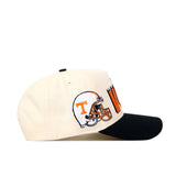 The No Rivals Tennessee Alma Mater Hat - Whiteout is a white snapback hat with a black brim, featuring an embroidered football helmet with an orange T and facemask on the side, made from high-quality cotton for a structured fit.