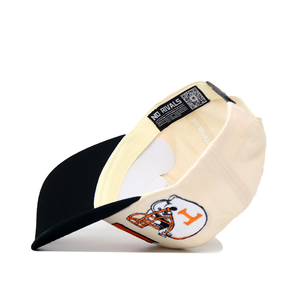 The Tennessee Alma Mater Hat - Whiteout by No Rivals features a cream cotton exterior, black brim, NO RIVALS label, and an embroidered orange H with a cartoon dog sports logo on the side.