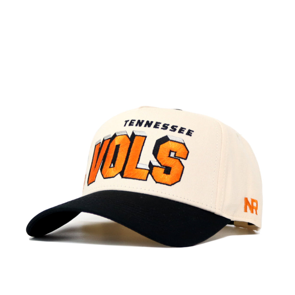 The No Rivals Tennessee Alma Mater Hat - Whiteout is a cream cap with a black brim, made from premium cotton. It features bold orange VOLS lettering, TENNESSEE above, and NR on the side. This snapback delivers comfort and style.