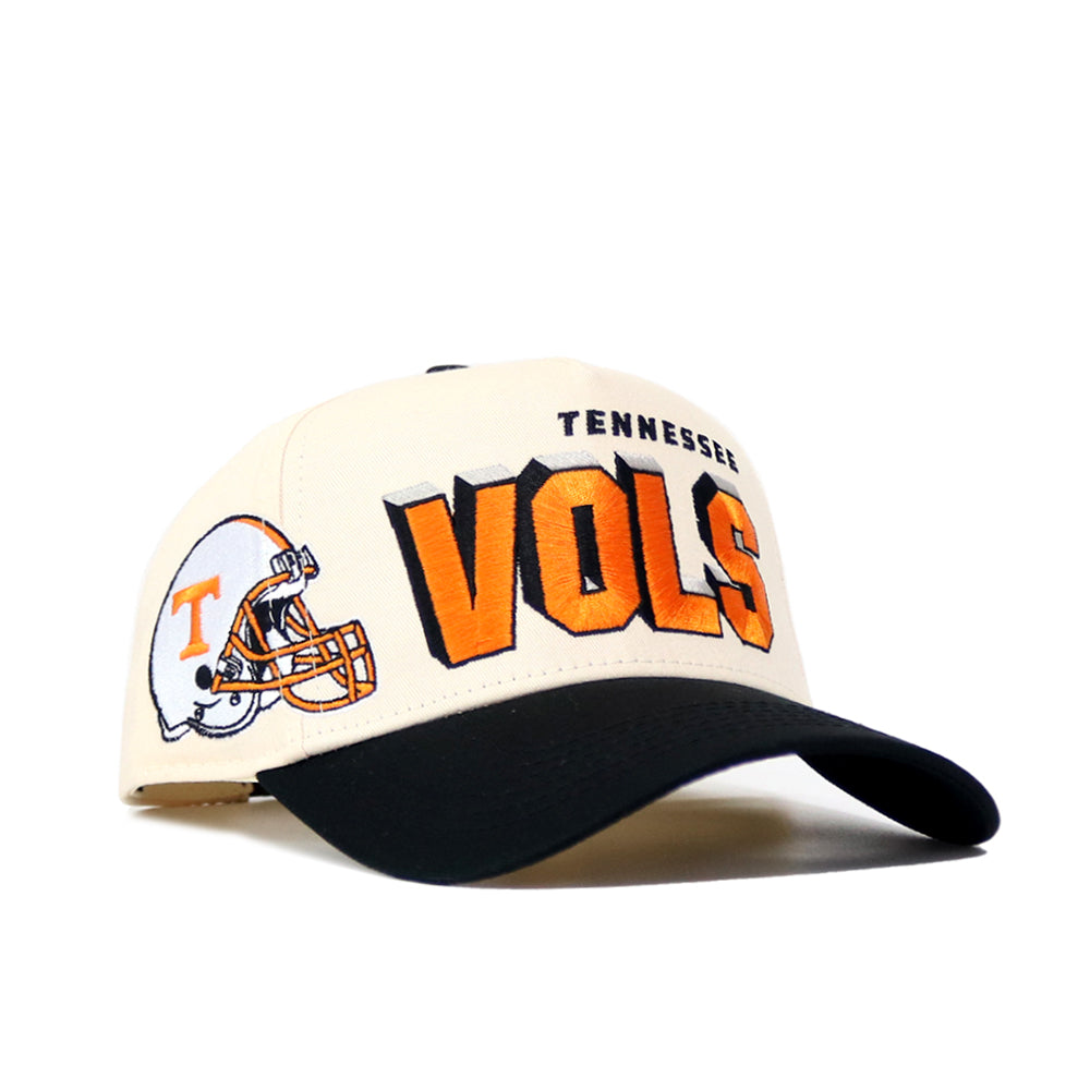 The No Rivals Tennessee Alma Mater Hat - Whiteout features a structured fit, high-quality cotton, and showcases an embroidered orange VOLS with TENNESSEE above it plus a football helmet with a T logo on the side.