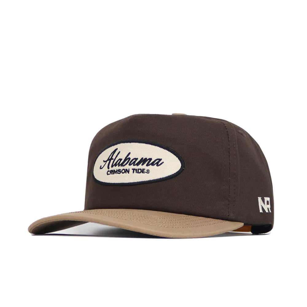 The Alabama Neutral Patch Hat by No Rivals is a structured brown and tan snapback, featuring an oval Alabama Crimson Tide patch on the front and NR branding on the side, crafted from high-quality cotton.