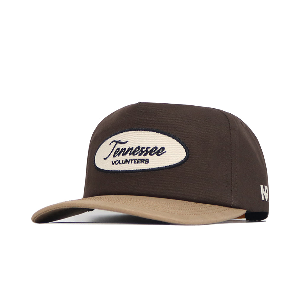 The No Rivals Tennessee Neutral Patch Hat features brown and tan corduroy, an oval "Tennessee Volunteers" patch on the front, white embroidered NF initials on the side, and a classic snapback closure.
