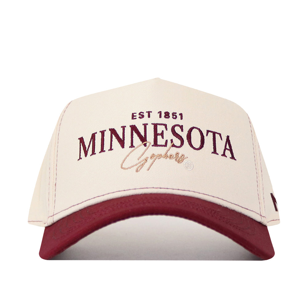 Add a vintage touch to your gameday fit with the No Rivals Minnesota Gophers Vintage Hat—a cream and maroon snapback cap featuring an embroidered EST 1851 MINNESOTA Gophers logo on the front in bold maroon and gold lettering.