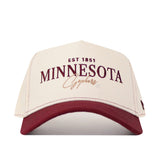 Add a vintage touch to your gameday fit with the No Rivals Minnesota Gophers Vintage Hat—a cream and maroon snapback cap featuring an embroidered EST 1851 MINNESOTA Gophers logo on the front in bold maroon and gold lettering.