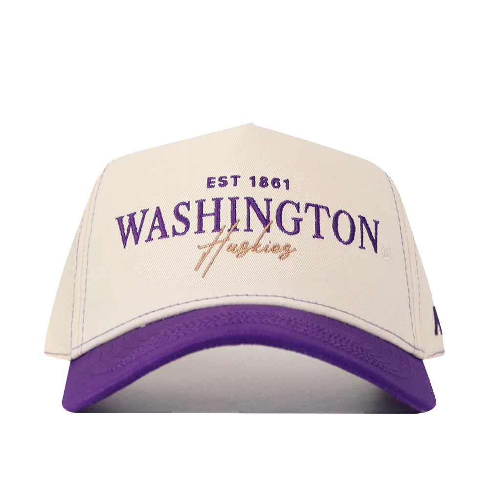 The No Rivals Washington Huskies Vintage Hat features a white and purple design with an embroidered “EST 1861 WASHINGTON Huskies” logo on the front, crafted from high-quality cotton and finished with a convenient snapback closure for a comfortable fit.