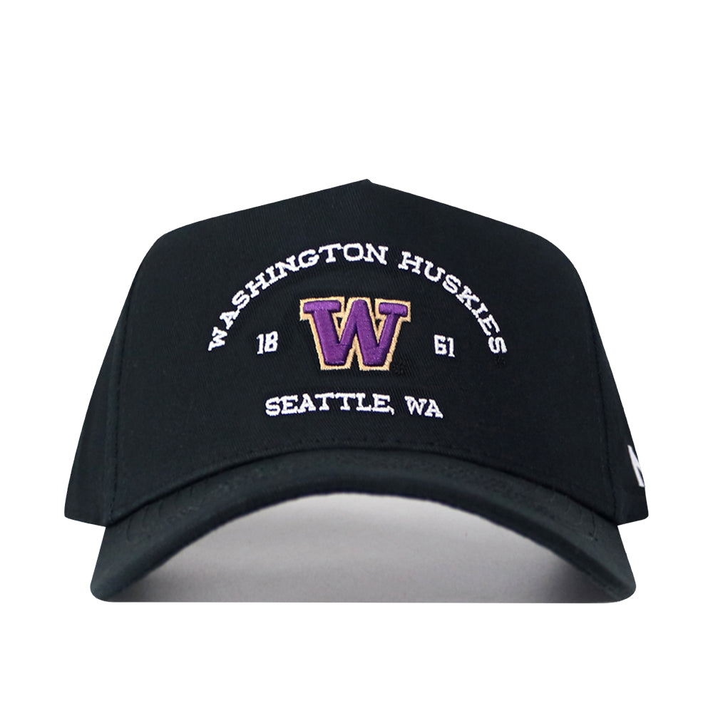 The No Rivals Washington Huskies Outlaw Hat - Black is an officially licensed snapback featuring "Washington Huskies Seattle, WA" and "1861" embroidered in white, along with a bold purple and gold W logo on the front. This stylish hat combines classic design with team pride, making it perfect for any fan.