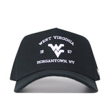 The West Virginia Outlaw Hat - Black by No Rivals is a black snapback baseball cap featuring white text that reads "West Virginia 1867 Morgantown, WV" and a large, officially licensed embroidered WV logo at the center.