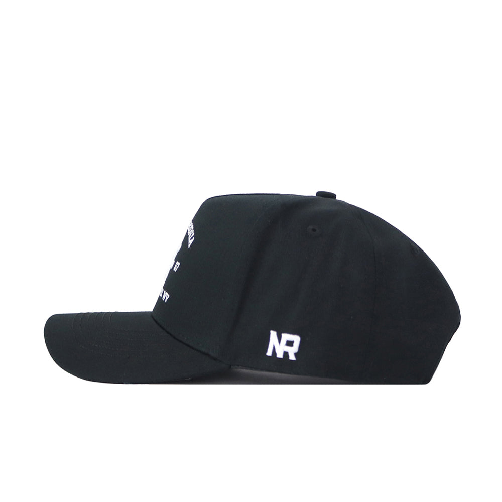 The West Virginia Outlaw Hat by No Rivals is a black baseball cap shown from the side, featuring a white embroidered NR logo on the back panel and an adjustable snap back for a comfortable fit.