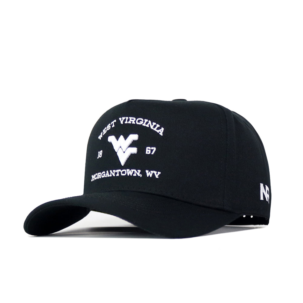 The No Rivals West Virginia Outlaw Hat in black is a snap back baseball cap featuring officially licensed white embroidered text, "West Virginia 1867 Morgantown, WV," and the WV logo on the front, with an N and E logo on the side.