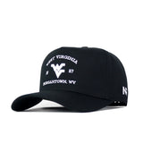 The No Rivals West Virginia Outlaw Hat in black is a snap back baseball cap featuring officially licensed white embroidered text, "West Virginia 1867 Morgantown, WV," and the WV logo on the front, with an N and E logo on the side.