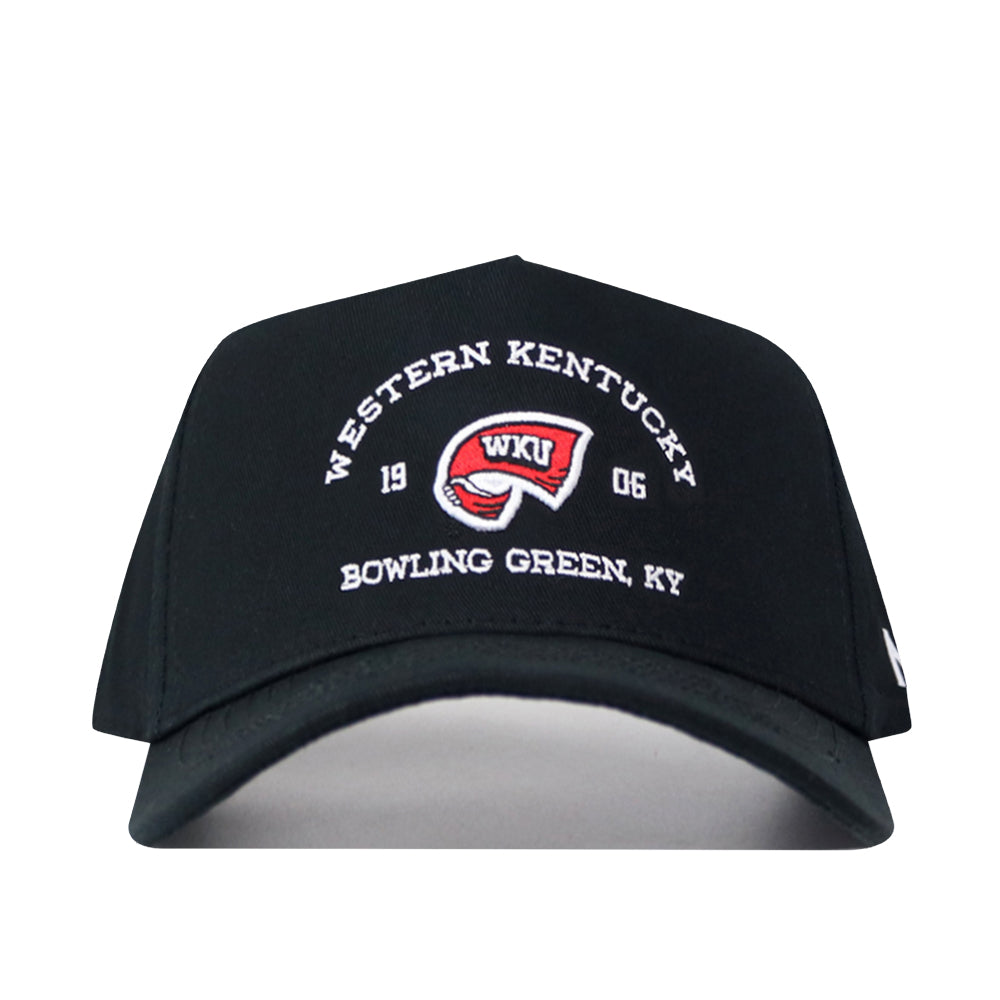 The Western Kentucky Outlaw Hat - Black by No Rivals is a black baseball cap made from high-quality cotton, featuring "Western Kentucky" and "Bowling Green, KY" embroidered in white. The front showcases a bold red WKU towel logo and "1906" embroidery. Designed for comfort, it includes an adjustable snap back closure.
