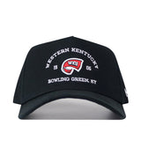 The Western Kentucky Outlaw Hat - Black by No Rivals is a black baseball cap made from high-quality cotton, featuring "Western Kentucky" and "Bowling Green, KY" embroidered in white. The front showcases a bold red WKU towel logo and "1906" embroidery. Designed for comfort, it includes an adjustable snap back closure.
