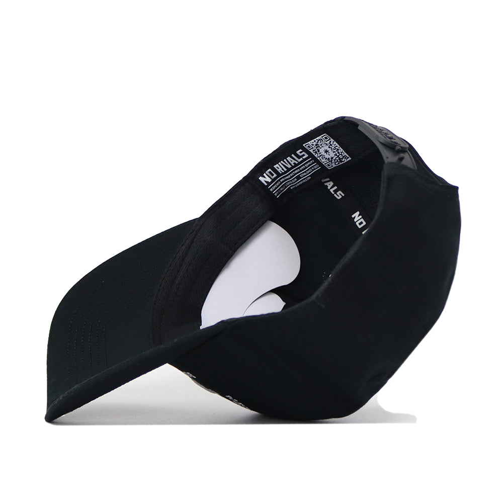 The Western Kentucky Outlaw Hat - Black by No Rivals is displayed upside down, highlighting the inner lining, white tags, and "NO RIVALS" branding on the inner band. Made from high-quality cotton, this hat also features a convenient snapback adjustment for a comfortable fit.