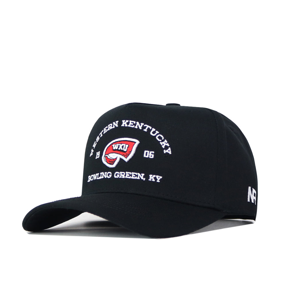 The Western Kentucky Outlaw Hat - Black by No Rivals features Western Kentucky and Bowling Green, KY text, an embroidered WKU logo, and "1906" stitched on the front. "NR" lettering is embroidered on the side. This hat includes a snapback adjustment for a perfect gameday fit.