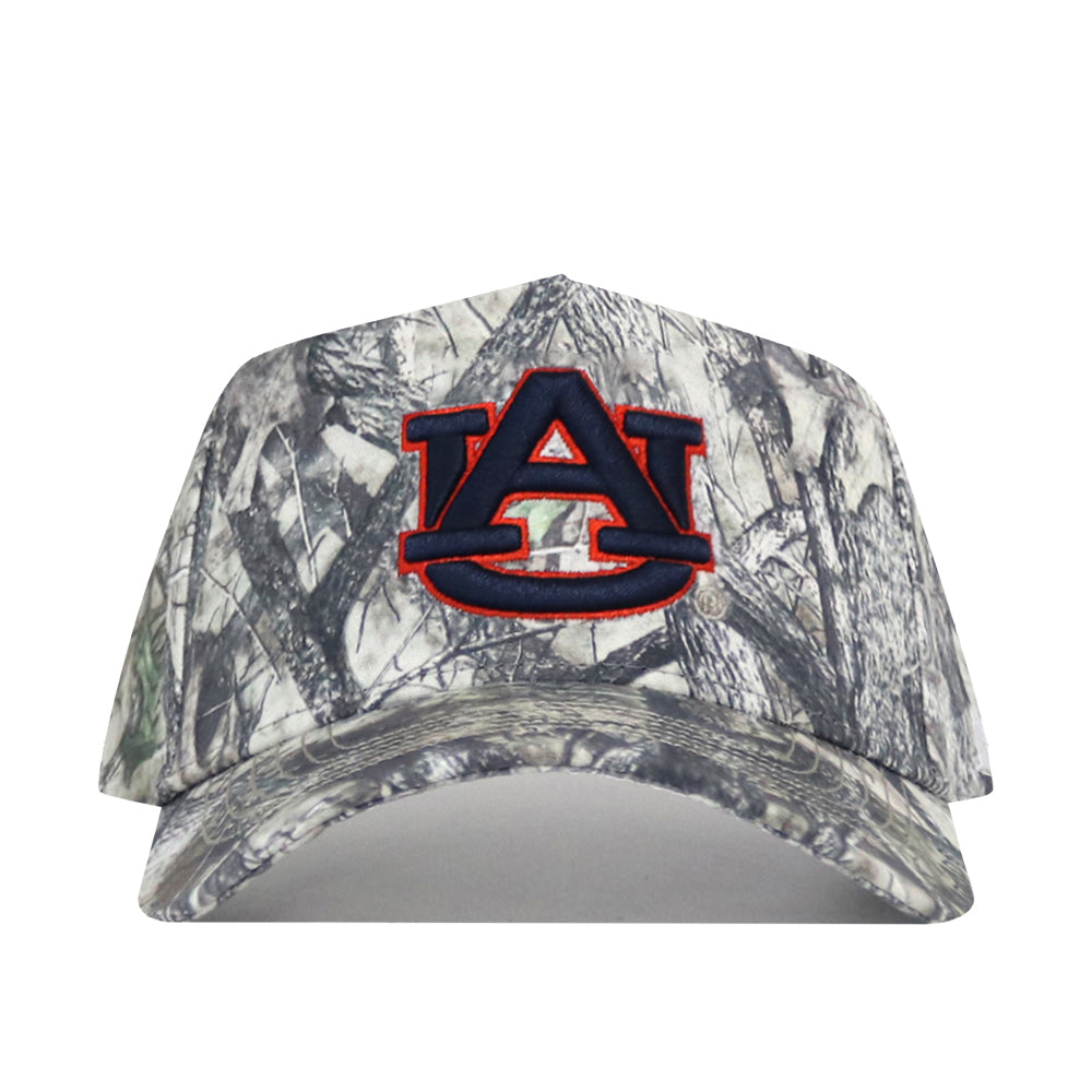 The No Rivals Auburn Outland Hat is a camouflage baseball cap showcasing a large, officially licensed embroidered Auburn University AU logo in navy blue and orange on the front, and features a snap back closure for an adjustable fit.