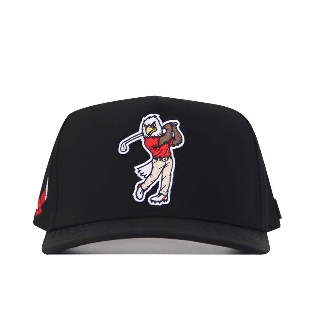 Introducing the EWU Golf Hat - Black from No Rivals: a black performance fabric hat featuring an embroidered cartoon eagle, shown from the front while swinging a golf club and dressed in a red shirt with beige pants. This hat includes a convenient snap back adjustment for a custom fit.