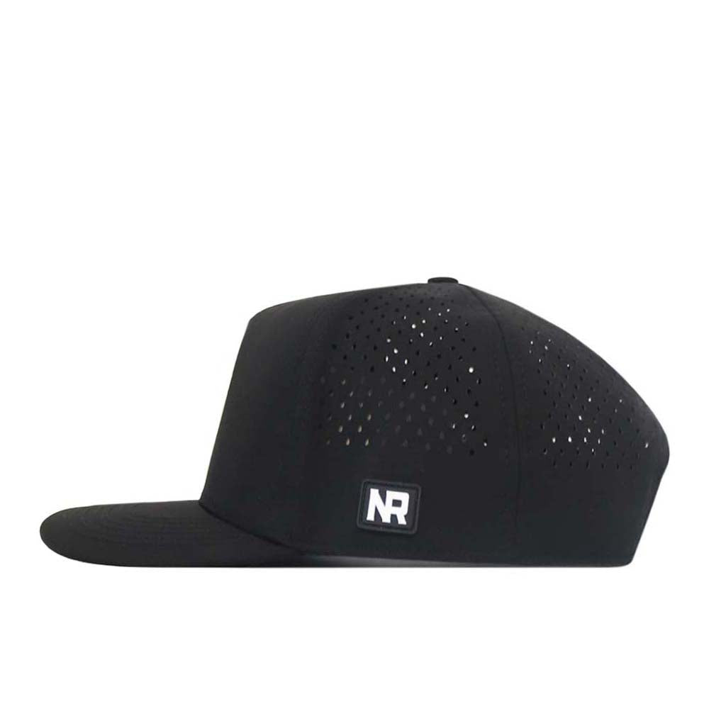 Introducing the EWU Golf Hat - Black by No Rivals: This black performance fabric snapback cap features small ventilation holes on the crown and an embroidered NR logo patch on the side. Designed for comfort, it offers a customizable fit with its convenient snap back adjustment. The hat is displayed in a side profile against a white background.