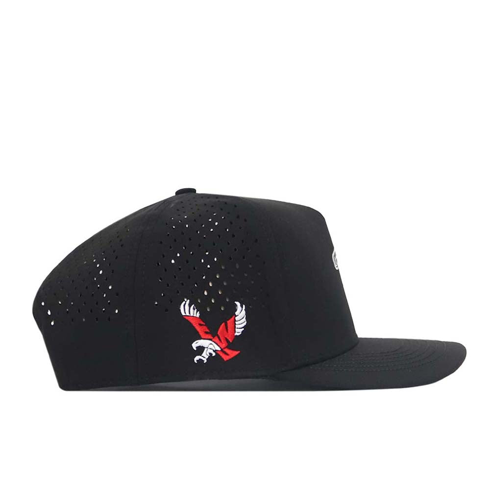The EWU Golf Hat - Black by No Rivals is a black snapback hat made from performance fabric, featuring ventilation holes and an embroidered red and white eagle logo on the side.