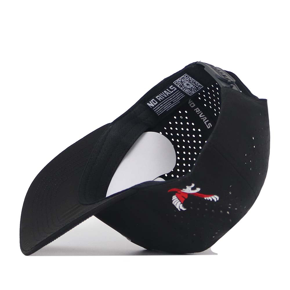 An EWU Golf Hat in black by No Rivals, flipped upside down to display the inside label reading “NO RIVALS” and a small red embroidered eagle design on the side. This hat features an embroidered logo and a snapback adjustment for a customizable fit.