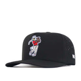 The EWU Golf Hat - Black by No Rivals features a bold patch of an eagle in a red shirt swinging a golf club. Designed for adjustable comfort, this black baseball cap offers a snap back closure, a flat brim, and is finished with an embroidered black-and-white No Rivals logo patch on the side.