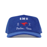The SMU Vintage Cord Hat is a blue corduroy cap with "SMU," a red mustang logo, "1911," and "Dallas, Texas" embroidered in white and red on the front. It features an adjustable snap back for comfort.